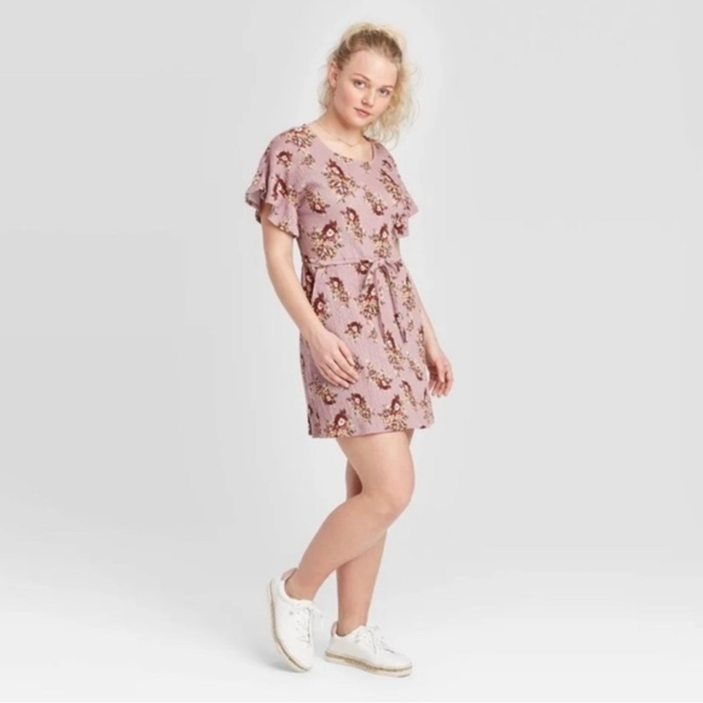 CLEARANCE NWOT Rose Pink Floral Crinkle Short Sleeve Dress Drawstring Waist New